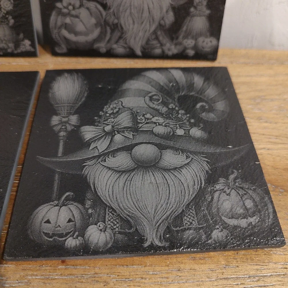 Laser Engraved Slate Coasters Halloween Fall Gnome Holiday Theme Set Of 4